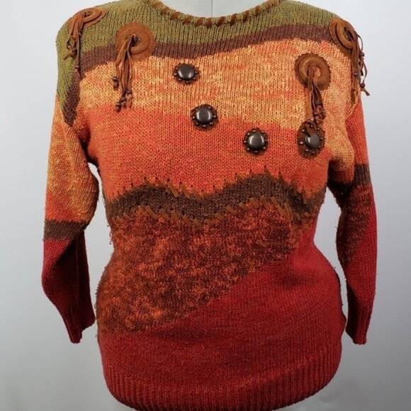 Vintage Ramie Cotton Southwestern Autumn Crew Neck Sweater Size 1X Fall Cozy - Picture 2 of 12